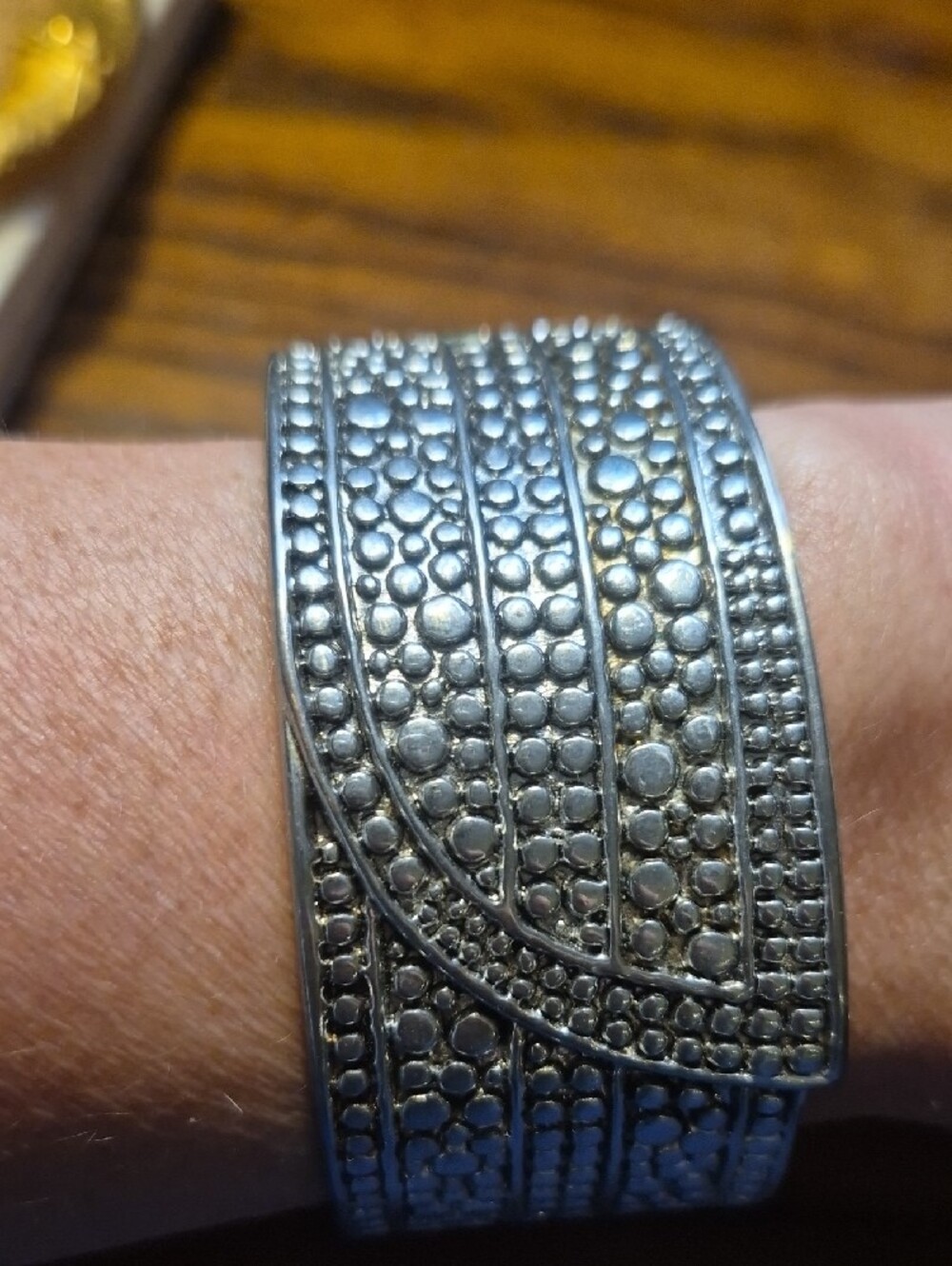 Silver tone Wide Clamper Bracelet Silver Tone Metal Textured Unique